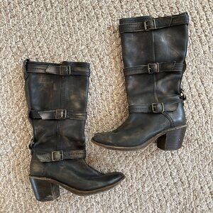 Frye Carmen Three-Strap Boots, Black, Size 7.5–NEED REHEELED